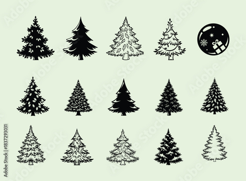 Collection of vintage style pine tree silhouettes with a circular design element