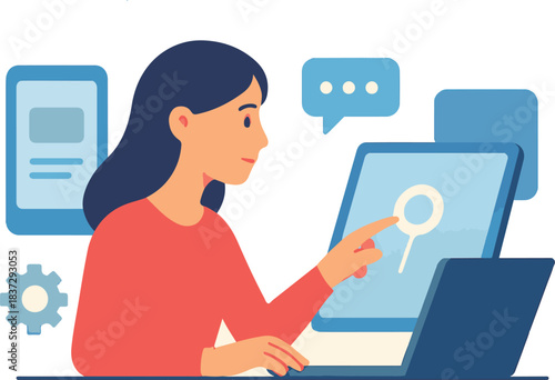 A flat-style illustration of a woman interacting with a touchscreen interface. Clean shapes, soft colors, and a modern tech theme make it ideal for business, apps, UI concepts, and digital projects.