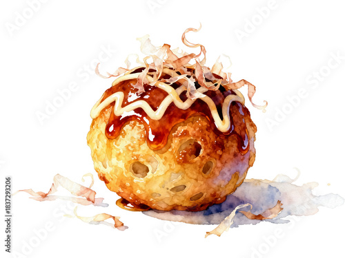 Fotografi Savory Takoyaki Delight: A close-up view of a perfectly crafted takoyaki, showcasing its golden-brown exterior, delicious toppings, and the delectable aroma that promises a culinary journey