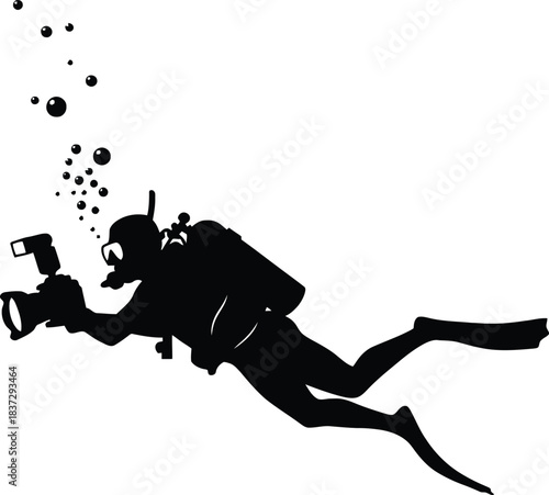Underwater Scuba Diver Photographer Silhouette with Camera