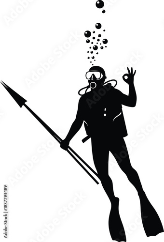 Spearfisher Scuba Diver Silhouette Underwater Illustration