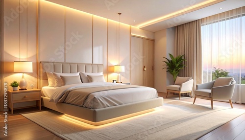 Modern bedroom with LED lighting, warm tones, white linens, armchairs, mirror, and potted plant.
