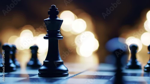 Close-up of a chess board with the black king in focus, set against a soft bokeh background. Strategy and board game concept.