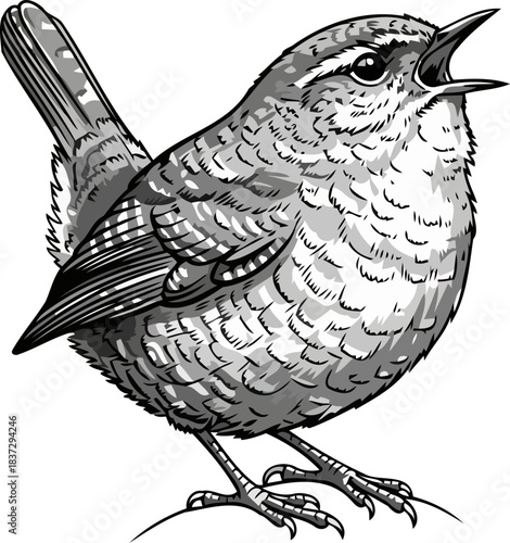 monochromatic serenade a tiny birds powerful voice, etched in classic style, isolated on transparent background