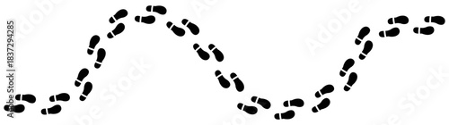 Trail of black shoe footprints following a wavy path for represent tracking, search, or a winding journey