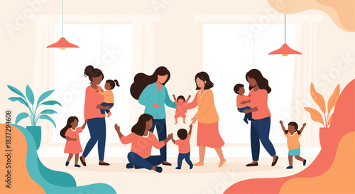 Diverse group of mothers care for their babies and toddlers in a warm, welcoming indoor environment for new parents.