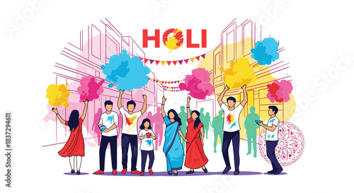 People celebrate the colorful Holi festival by throwing vibrant powder in a historic city street with great enthusiasm.