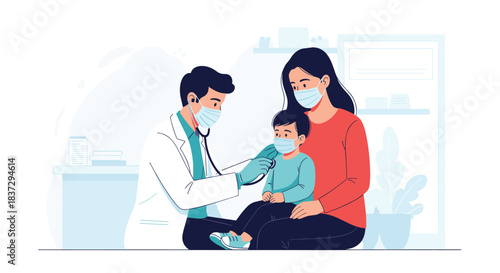 Male pediatrician wearing a protective mask examines a young boy while his mother watches closely in a medical clinic.
