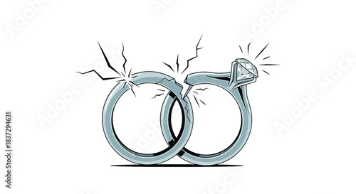 Broken wedding rings with a diamond symbolize the painful end of a marriage, legal divorce, or romantic separation.