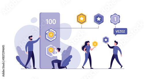 Tech team works on a gamification strategy by arranging various reward icons and achievement badges on a large wall.