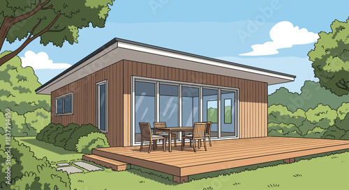 Modern flat-roofed wooden house features expansive glass windows and a spacious deck overlooking a green yard area.