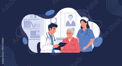 Professional doctor and nurse discuss medical results with an elderly patient during a consultation in a bright office.