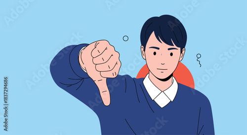 Dissatisfied young man expresses his negative opinion by showing a clear thumbs down gesture against a blue backdrop.