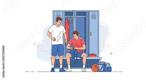 Athletes prepare for a game inside a locker room where one player changes clothes and another stands ready to start.