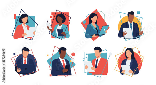 Set of professional business avatars features diverse men and women working with laptops, tablets, and documents.