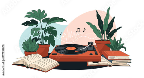 Vintage record player sits on a desk surrounded by tall houseplants, open books, and musical notes in the atmosphere.