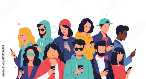 Large crowd of diverse people are completely absorbed in their smartphones while standing together in a public space.