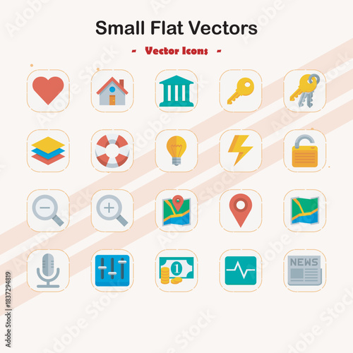 Minimalist small flat vector illustrations of various buildings