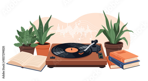 Classic vinyl record player rests on a wooden table among lush green potted plants and stacked educational books.