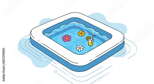 Inflatable blue swimming pool filled with water and floating colorful flowers beside a glass of fresh orange juice on a white background.
