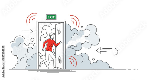 Person wearing a red shirt running out of an emergency exit door filled with thick gray smoke during a dangerous fire incident.