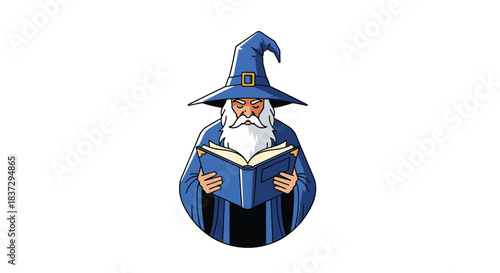 Mystical wizard with a long white beard and a blue pointed hat reading an ancient magic book in a fantasy character design.