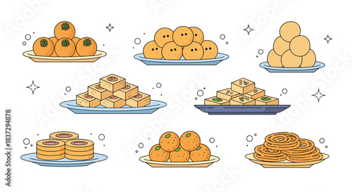 Selection of traditional Indian sweets and desserts arranged on various plates featuring items like laddu, barfi, and jalebi.