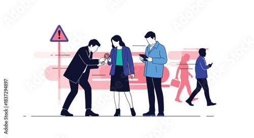 Group of business people walking on a city street while one person uses a magnifying glass to inspect a sign near a warning alert.