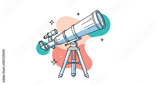 Modern telescope on a stable tripod base for astronomical observations of stars and planets against a background with abstract shapes.