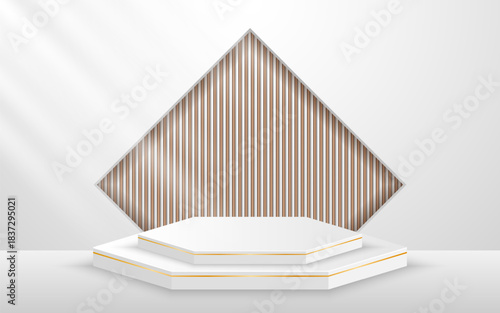 White podium with elegant gold lines and a brown slatted backdrop set in a square window for displaying advertisements. Display of cosmetic products. Stage or podium. vector illustration	