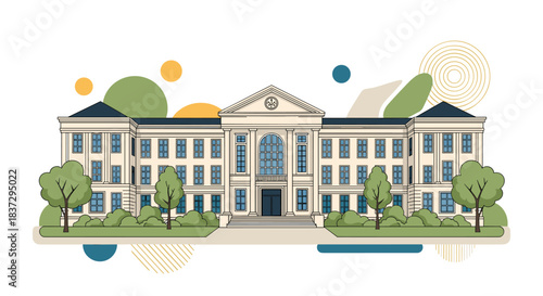 Large classical university or government building with many windows and columns surrounded by green trees and abstract shapes.