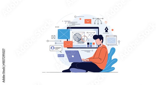 Young man sitting on the floor and working on his laptop with various creative icons representing web design and programming.