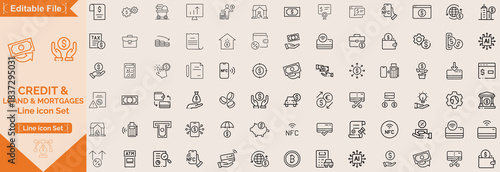 Minimalist Loan & Financing line icons set with editable stroke, featuring mortgage, bank, calculator, cars, deposit, convenience loan, applicant, interest rate, loan payday. thin linear illustration.