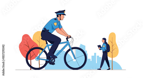 Police officer riding a bicycle and another officer walking through an urban park with trees and city buildings in the background.