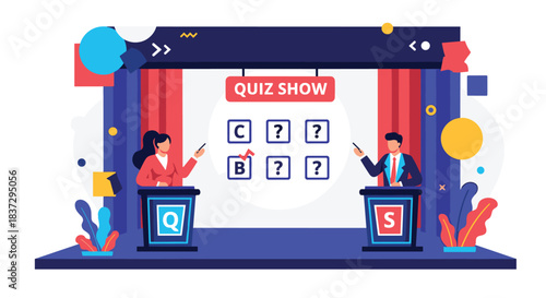 Quiz show stage featuring two contestants at podiums and a host in front of a screen with multiple choice questions and answers.