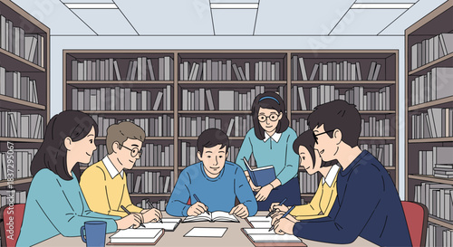 Diverse group of college students studying together around a table in a library with tall bookshelves filled with many books.
