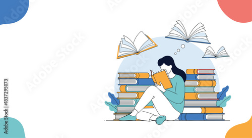 Young woman sitting on the floor reading a book with many books stacked behind her and flying books around for a fantasy theme.