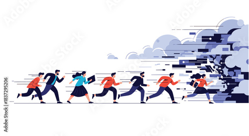 Group of business people running away quickly from a massive dark cloud of digital data and information representing digital overload.