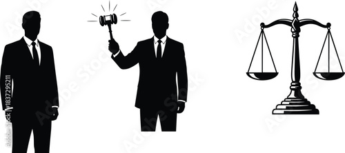 lawyer or judge with gavel and scales of balance, digital flat illustration for court, legal, and business themes.