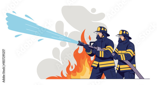 Two firefighters in full protective gear spraying a powerful jet of water on large orange flames and thick smoke to control a fire.