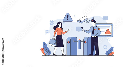 Security officer in a blue uniform checking the documents of a woman at an entrance gate with surveillance cameras and warning signs.
