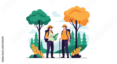 Young couple of hikers exploring a lush forest landscape while consulting a paper map for directions near colorful autumn and evergreen trees.