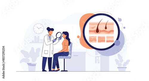 Female dermatologist performing a clinical skin examination on a patient using a magnifying glass to analyze hair follicles and epidermal layers.