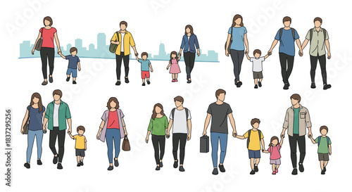 Collection of diverse people and family groups including parents and children walking together in casual clothing against a city skyline backdrop.