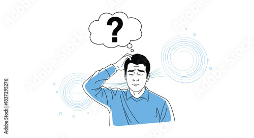 Confused businessman in a blue shirt scratching his head with a large question mark bubble and swirl patterns indicating dizziness or uncertainty.
