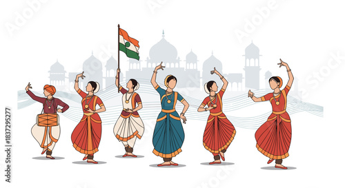 Group of Indian women in traditional sarees performing a classical dance routine with a drummer and national flag against a temple silhouette.