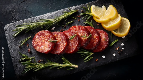 Sliced chorizo sausage with rosemary and lemon on slate