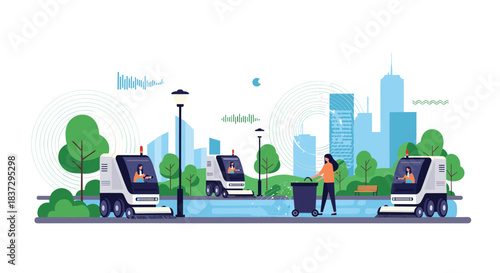 Smart city environment featuring autonomous street cleaning vehicles and a maintenance worker tending to a lush urban park with a modern skyline.