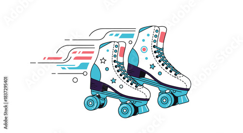 Retro style white quad roller skates with teal and pink accents designed with dynamic motion lines to symbolize speed and active movement.