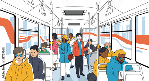 Interior view of a public bus filled with a diverse group of passengers sitting and standing while traveling through a modern city landscape.